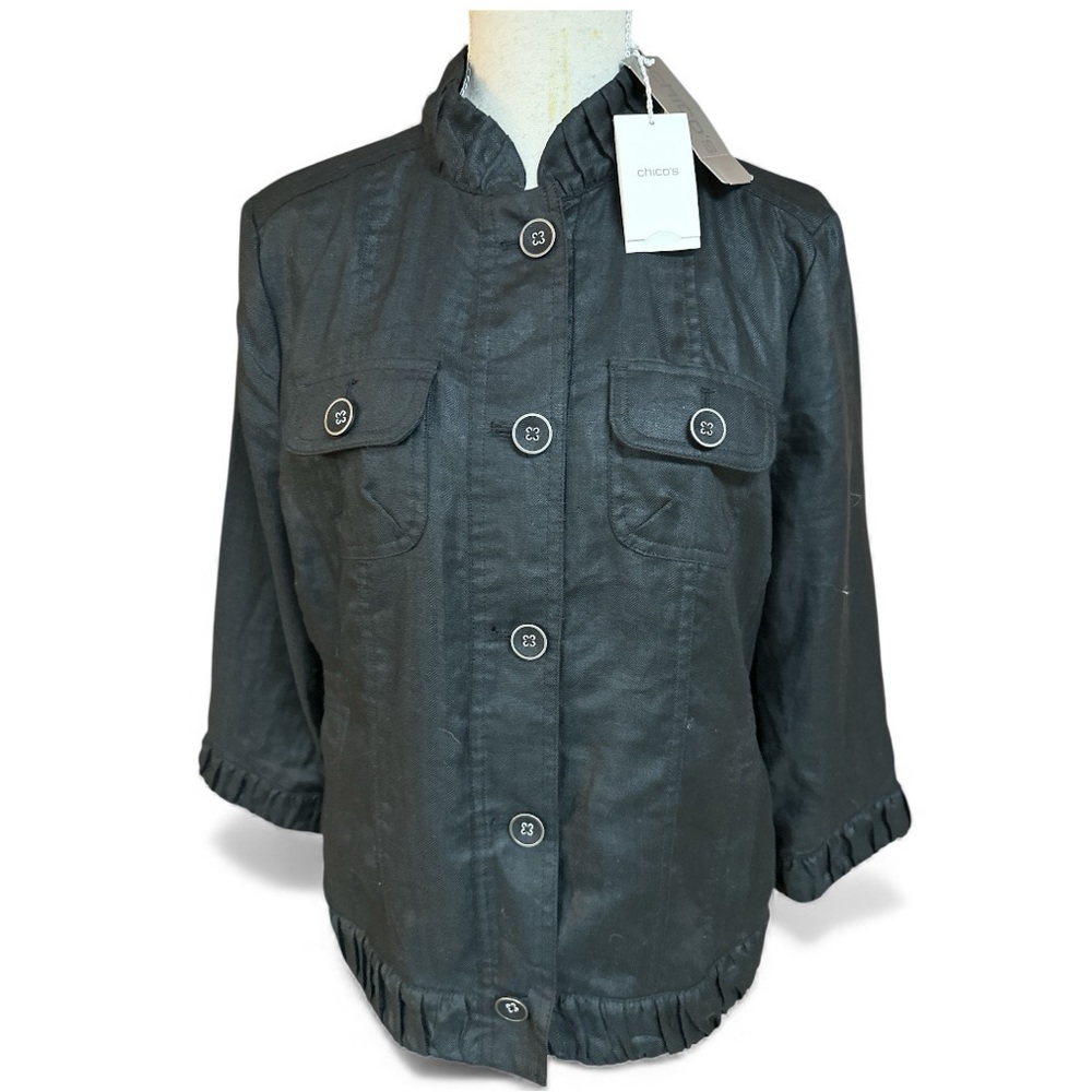 Chicos Ravishing Ripple Konstance Jacket Black Linen Button Front NWT Size 1